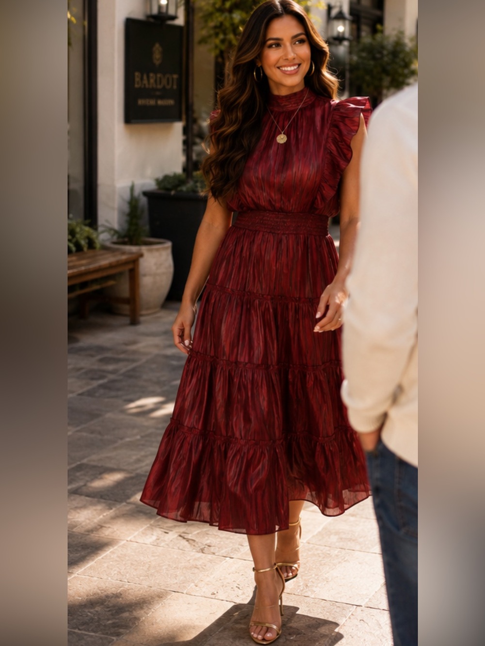 Lulus Burgundy Satin Tiered Midi Dress – Size Small (fits S/M)